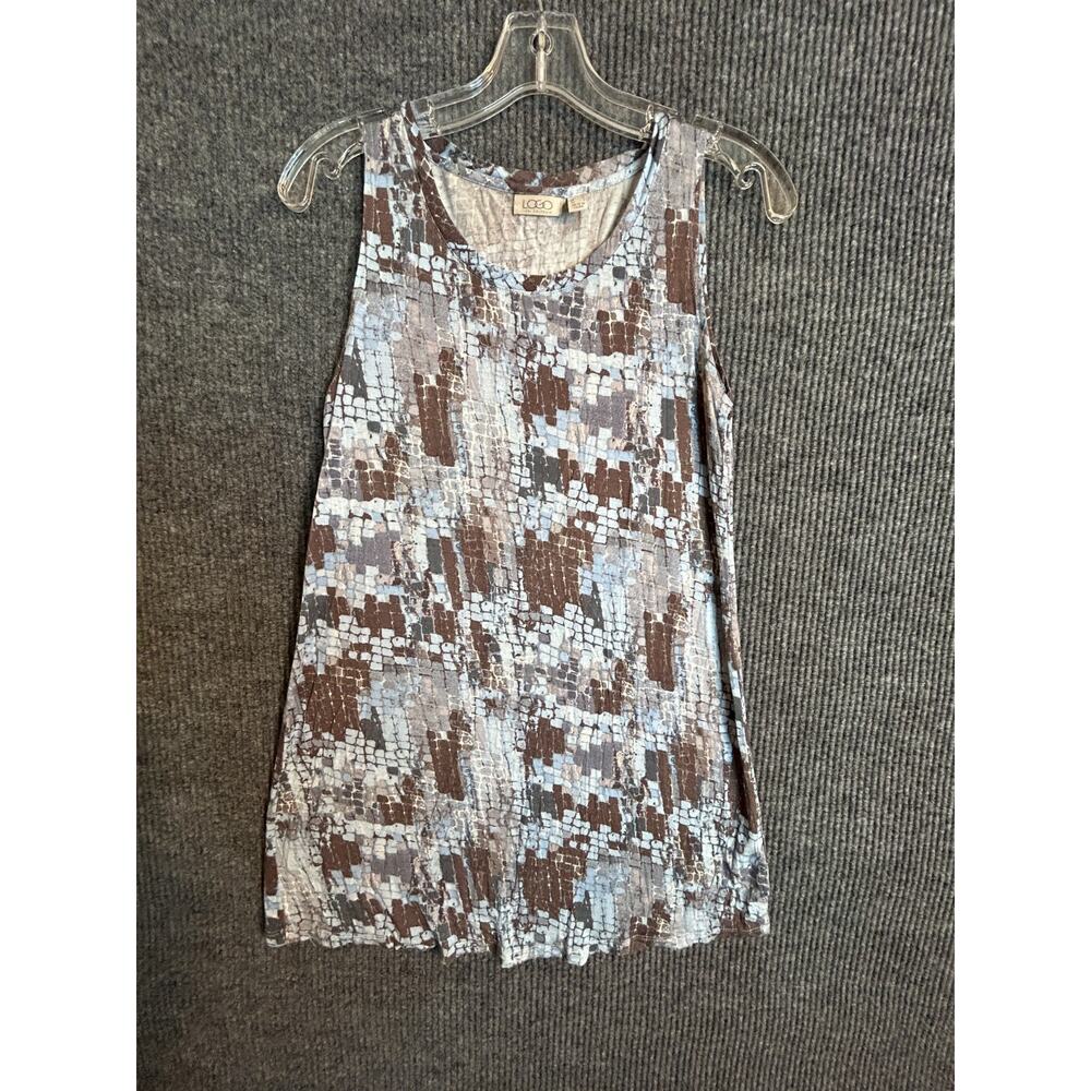 LOGO by Lori Goldstein Tank Top Women's S Crinkle Knit Abstract Print Brown Blue